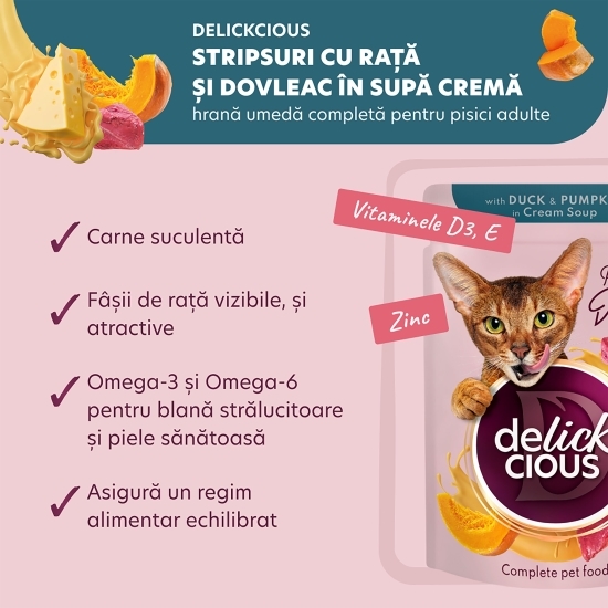 Hrană umedă pentru pisici, cu rață și dovleac în supă cremă, 85g