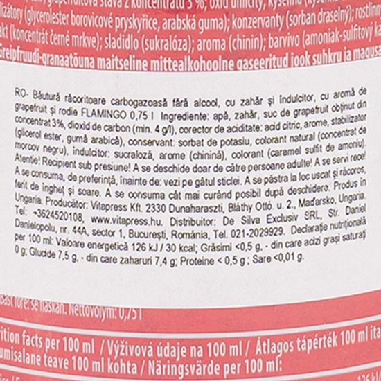 Băutură răcoritoare carbogazoasă fără alcool pentru copii cu aromă de rodie & grepfrut, Flamingo 0.75l