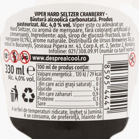 Hard Seltzer cu arome de merișoare sticlă 4.0% alc. 0.33l