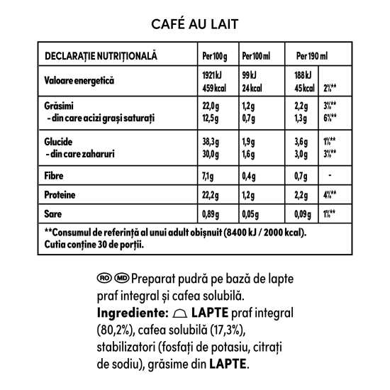 Café au Lait 30 băuturi 300g, capsule cafea