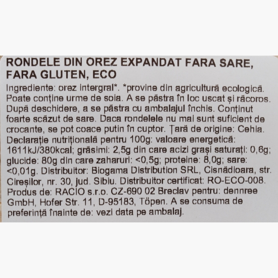 Rondele din orez expandat eco, fără sare, fără gluten, 100g