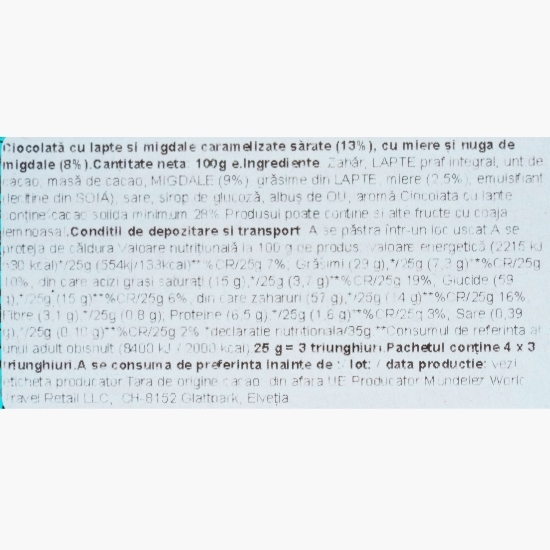 Ciocolată cu lapte, migdale caramelizate sărate și nuga cu miere și migdale 100g