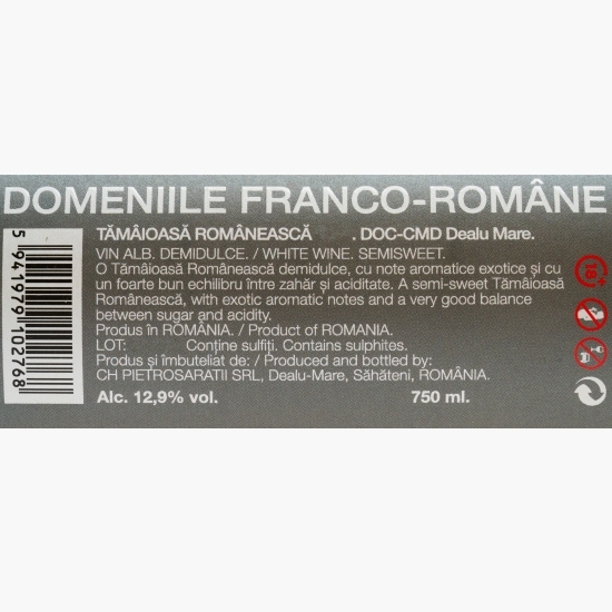 Vin alb demidulce Tămâiosă Românească, 12.9%, 0.75l