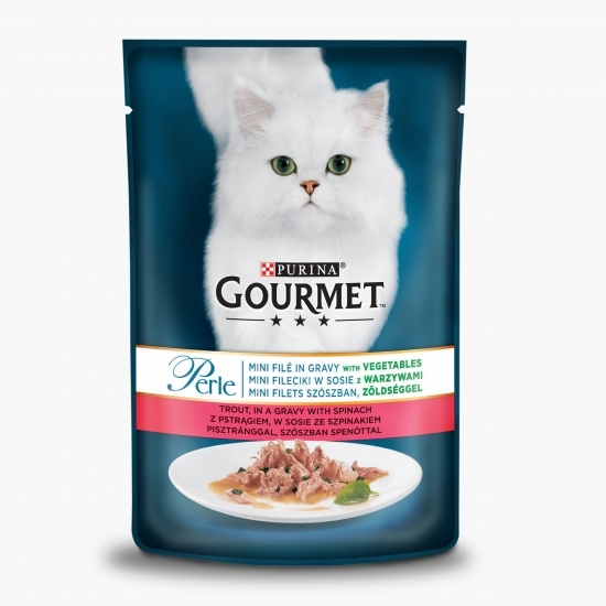 Hrană umedă pentru pisici, 85g, mini fileuri în sos, păstrăv și spanac