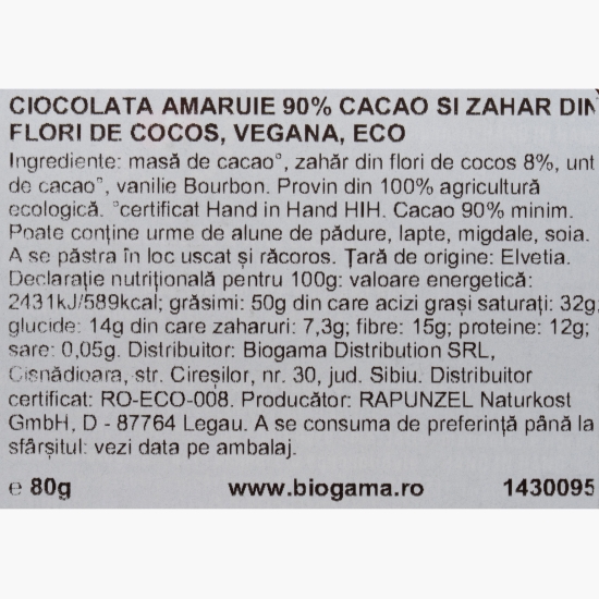 Ciocolată amăruie eco vegană cu 90% cacao și zahăr de cocos, 80g