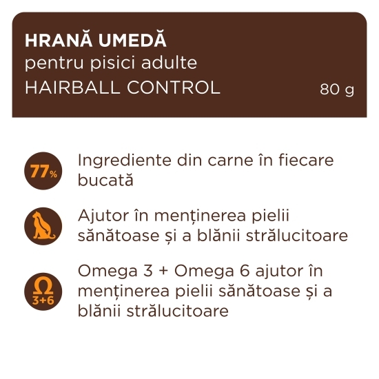 Hrană umedă completă pentru pisici adulte Hairball Control, cu pui în sos, 80g