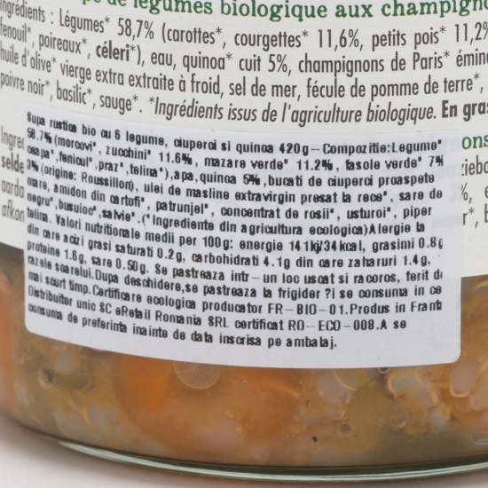 Supă rustică eco cu 6 legume, ciuperci și quinoa 420g