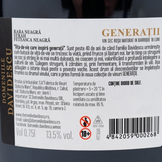 Vin roșu sec Generații Rară Neagră&Syrah&Fetească Neagră, 13.5%, 0.75l