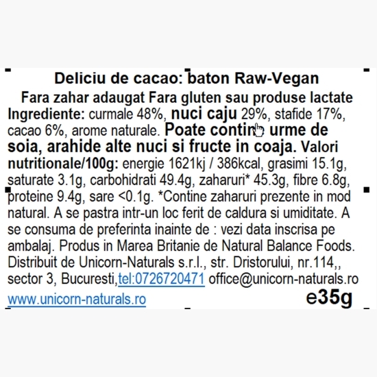 Baton raw-vegan cu cacao fără gluten, fără zahăr adăugat 35g