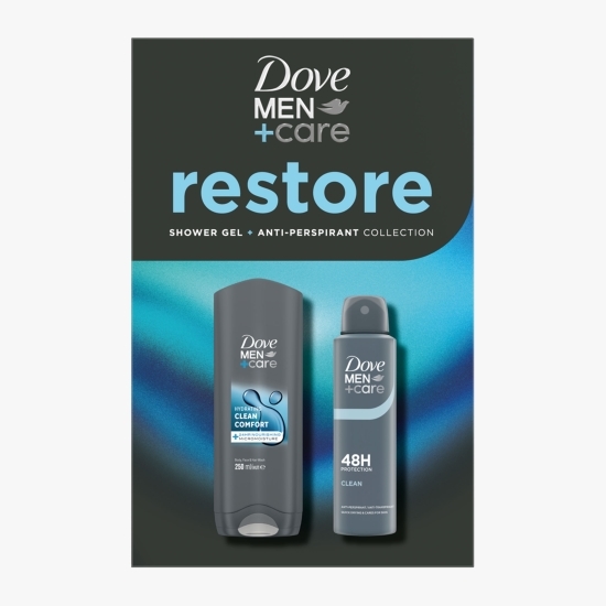 Set cadou Men+Care Restore: deodorant spray Clean 150ml + gel de duș Hydrating Clean Comfort 250ml