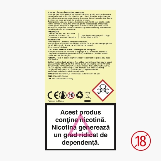 Țigară electronică de unică folosință BM1000 Turbo Pineapple Ice, 2ml, 2% nicotină, 1000 pufuri