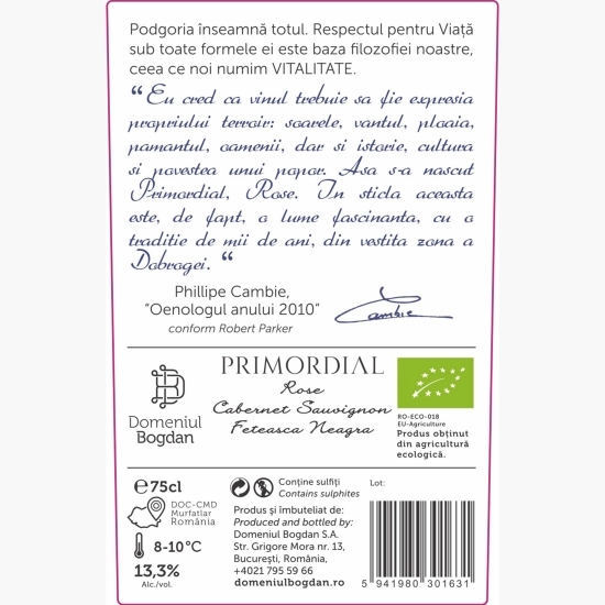 Vin rose sec eco Primordial Cabernet Sauvignon & Fetească Neagră, 13.3%, 0.75l