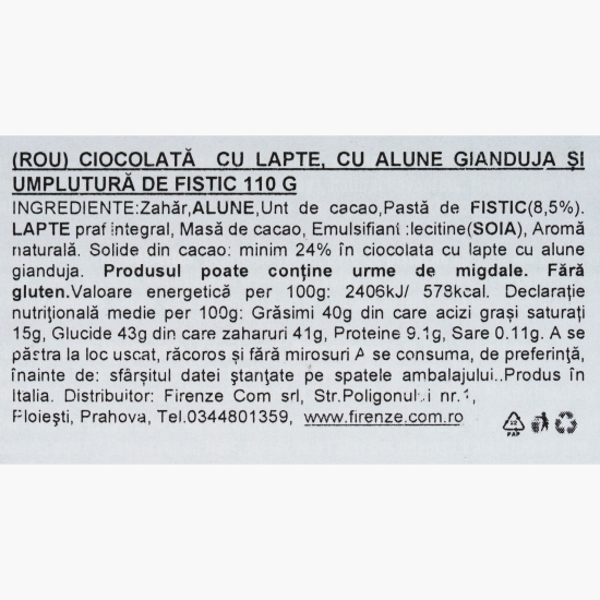 Ciocolată cu lapte cu alune Gianduja, cu umplutură de fistic 110g
