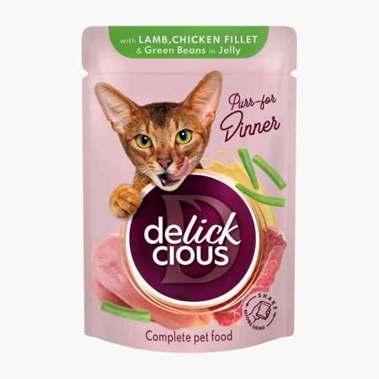 Hrană umedă pentru pisici, cu felii din carne de miel, file de pui și fasole verde în jeleu, 85g