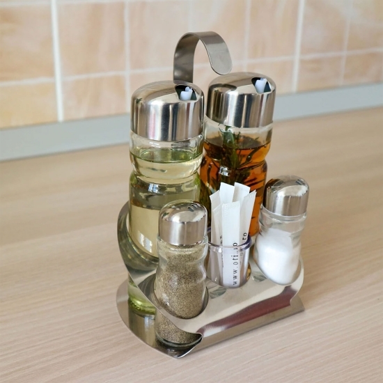 Olivieră Gastro din inox și sticlă, cu suport pentru scobitori, 5 piese