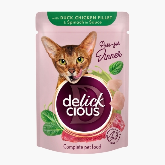 Hrană umedă pentru pisici, cu felii din carne de rață, file de pui și spanac în sos, 85g
