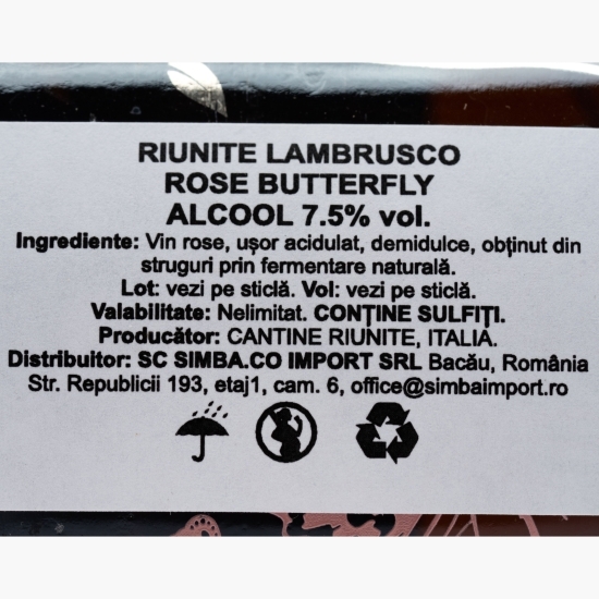 Vin spumant rose sec Lambrusco Butterfly, 7.5%, 0.75l