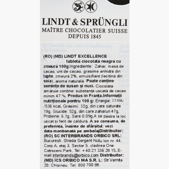 Ciocolată neagră cu zmeură Excellence 100g