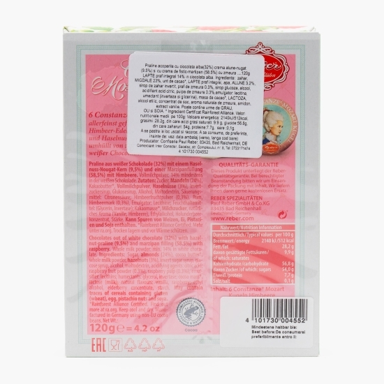 Praline Constanze de ciocolată albă cu cremă de alune-nugat și fistic-marzipan cu zmeură 120g