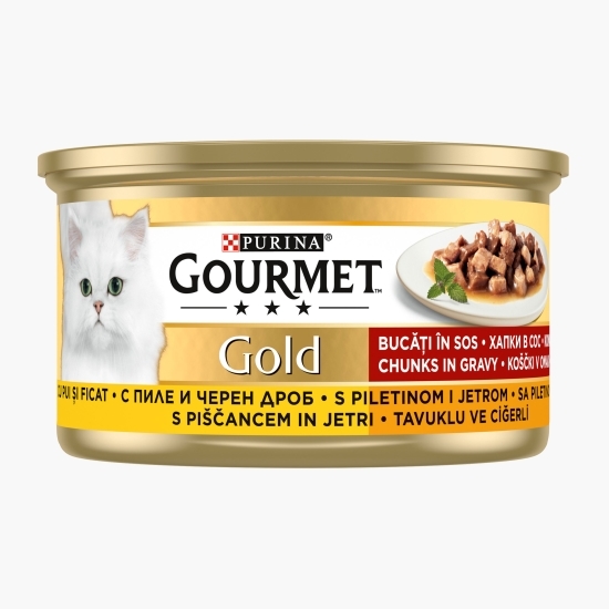 Hrană umedă pentru pisici, 85g, Mini fileuri în sos cu pui și ficat