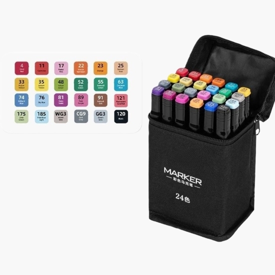Set 24 markere pe bază de alcool, dublu capăt 1mm și 6mm + geantă depozitare 15cm
