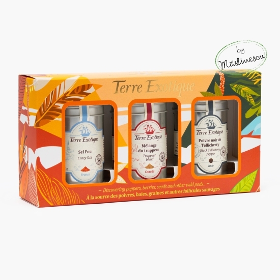 Măslinescu - Pachet condimente: Sare nebună, condimente Trappeur și Piper negru Tellicherry