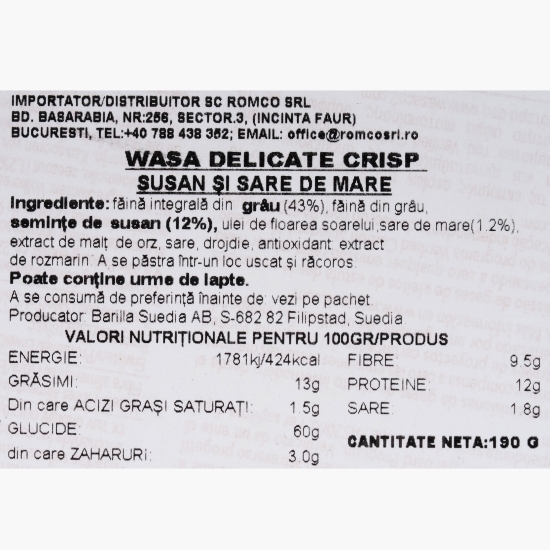 Pâine crocantă cu susan și sare de mare Delicate Crisp, 190g