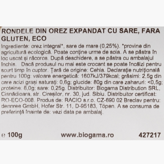 Rondele din orez expandat eco, cu sare, fără gluten, 100g