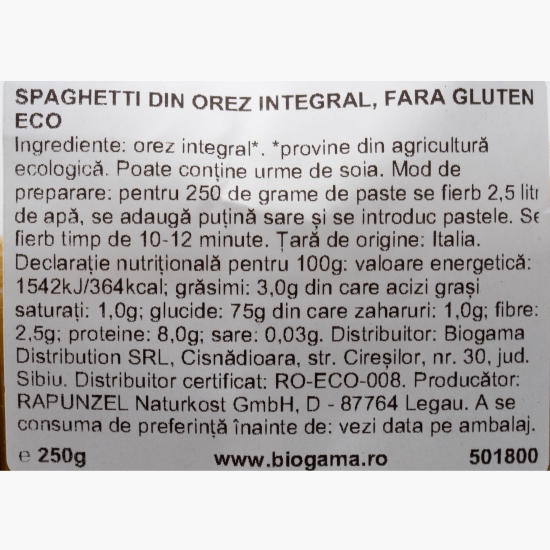 Paste Spaghetti ecologice din orez integral, fără gluten, 250g