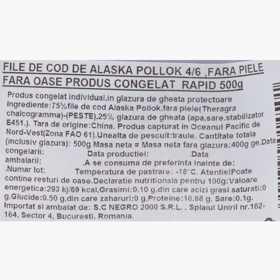 File de cod de Alaska, fără piele și fără oase 500g