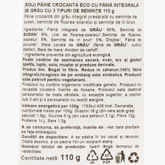 Pâine crocantă eco cu 3 tipuri de semințe, 110g
