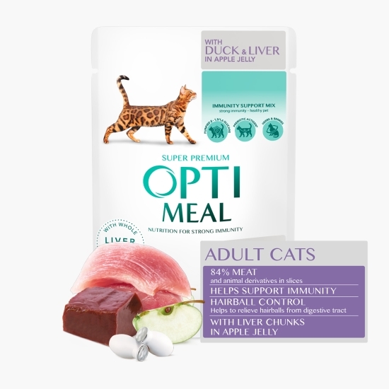 Hrană umedă completă pentru pisici Hairball Control, cu rață și ficat în jeleu de mere, 85g