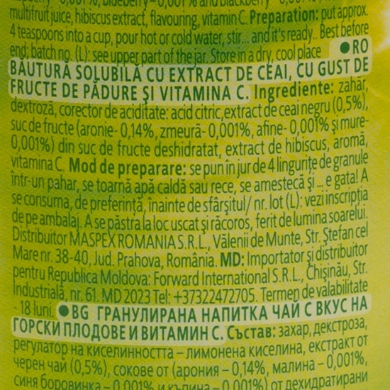 Băutură solubilă cu extract de ceai, cu gust de fructe de pădure și vitamina C 350g