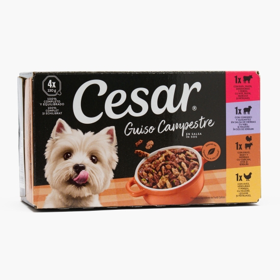 Hrană umedă pentru câini adulți 4x150g, cu vită, miel, curcan și vită și pasăre