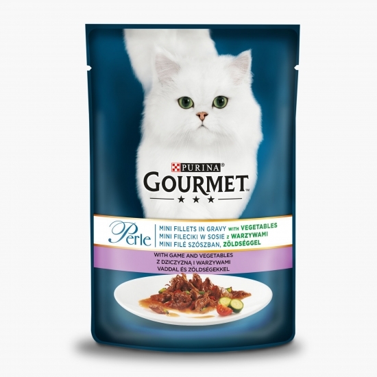 Hrană umedă pentru pisici, 85g, mini fileuri în sos, vânat și legume